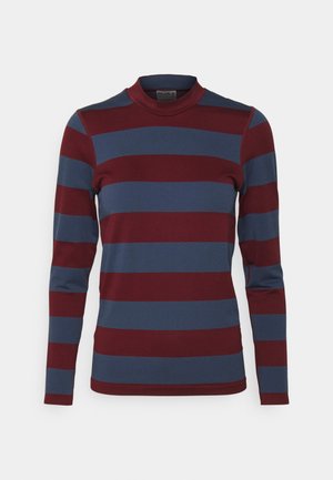 Long-sleeve top featuring burgundy and blue horizontal stripes, with a mock neckline and smooth fabric texture.