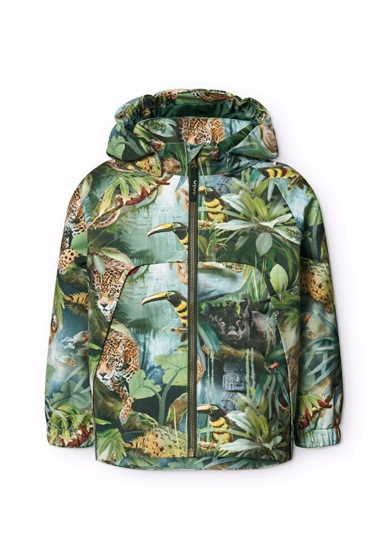 Hættejakke med et levende jungleprint med leoparder, tucaner og løv i grønne, brune og gule nuancer. Lynlås foran.