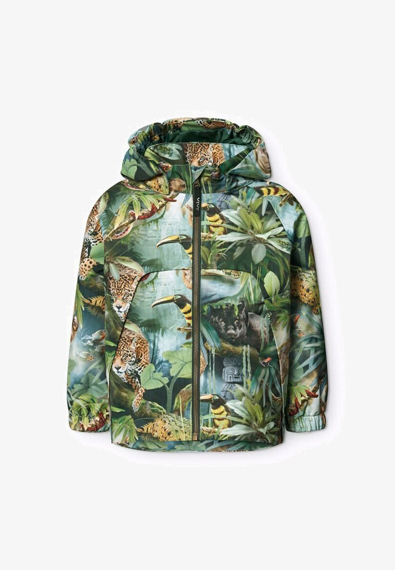 Hættejakke med et levende jungleprint med leoparder, tucaner og løv i grønne, brune og gule nuancer. Lynlås foran.