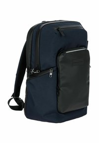 Zaino in tessuto blu navy con accenti neri, dotato di spallacci imbottiti, una tasca frontale con zip e diversi scomparti con zip per l'organizzazione.