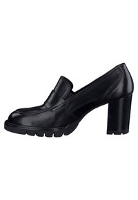 Black leather high-heeled loafers with elastic side fixtures, rounded toe, textured outsole, and a chunky block heel.