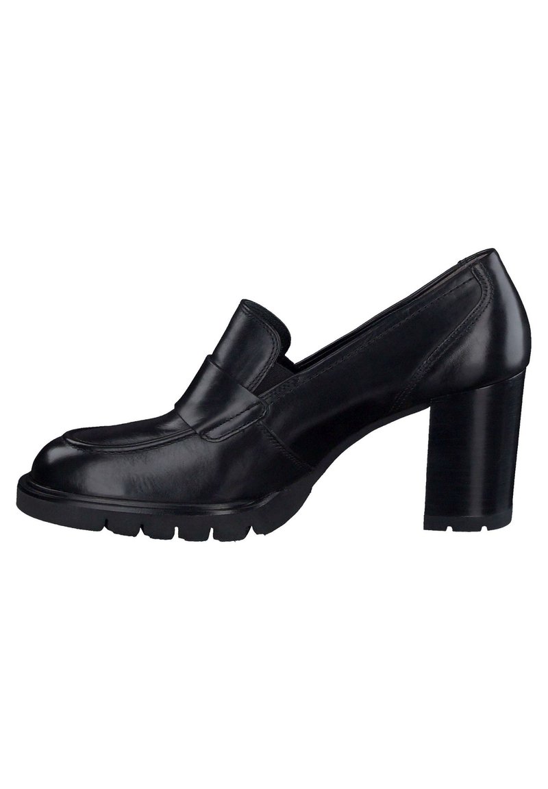 Black leather high-heeled loafers with elastic side fixtures, rounded toe, textured outsole, and a chunky block heel.