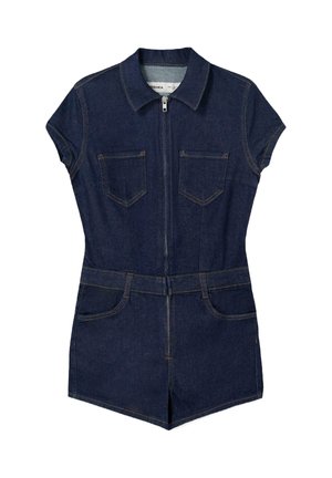 Denim jumpsuit in dark blue with short sleeves, front zip closure, two chest pockets, and two side pockets. Stitched accents throughout.
