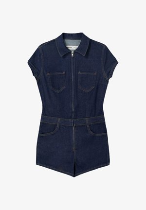 Denim kombinezon temno modre barve s kratkimi rokavi, zadrgo spredaj, dvema žepoma na prsih in dvema stranskima žepoma. Po celotnem kroju so šivi.