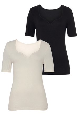 Two short-sleeve tops: one black and one cream. Both feature a low, rounded neckline and a ribbed texture.
