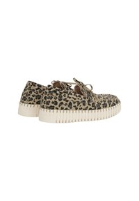 Zapatillas con estampado de leopardo de diseño ligero, con patrones en beige y negro, puntera redonda y suela de goma blanca gruesa.