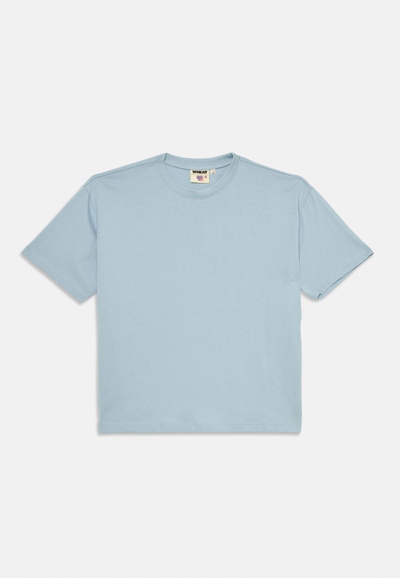Hellblaues T-Shirt mit kurzen Ärmeln aus weicher Baumwolle. Es hat einen runden Ausschnitt und einen lockeren Schnitt, mit minimalen Nahtdetails.