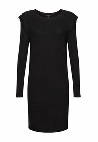 Robe noire en maille côtelée à manches longues avec un col rond et des détails subtils aux épaules. Longueur jusqu'à mi-thigh, texture unie, sans motifs visibles.