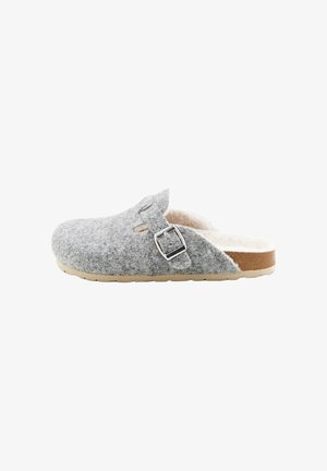 Clog grigio in feltro con cinturino regolabile e fibbia, suola in sughero imbottita e morbido rivestimento in pile, mostrato in profilo laterale su sfondo bianco.