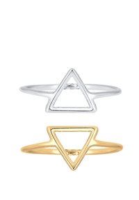 Silber- und Goldringe mit offenen, dreieckigen Drahtdesigns. Glatte Oberfläche, schlanke Ringe, bei denen die dreieckige Form deutlich zur Geltung kommt.