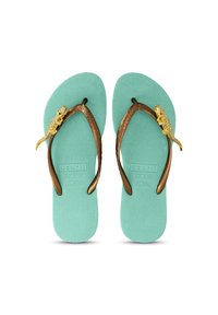 Tongs vert menthe avec semelle texturée, brides marron et accents dorés en forme d'hippocampe. Marquages de taille visibles sur la semelle.