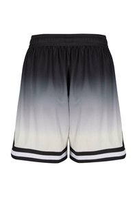 Shorts de sport avec dégradé du noir au blanc, taille élastique et double bandes noires et blanches à l’ourlet.