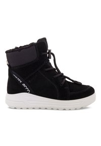 Stivaletto in suede nero con tomaia in tessuto impermeabile, suola bianca, dettagli in pizzo e colletto foderato in pile per maggiore calore e comfort.