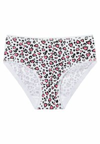 Witte katoenen ondergoed met een luipaardprint in zwart en roze harten, versierd met kant langs de randen.