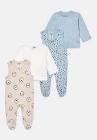Čtyřdílný set oblečení pro miminka: béžové body s potiskem lva, bílé tričko s dlouhým rukávem, modré body s černými puntíky, jednobarevné modré tričko s dlouhým rukávem.