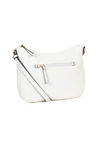 Borsa a tracolla bianca realizzata in materiale sintetico testurizzato. Presenta una tasca con zip frontale con rifiniture nere e una tracolla regolabile.