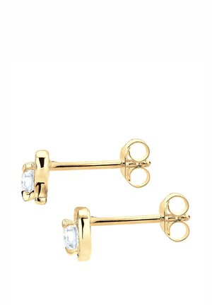 Gold-tone stud earrings featuring round clear crystals set in a smooth bezel. Simple design with a polished finish and secure push-back closure.