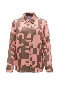 Camicia con bottoni che presenta un mix di forme astratte rosa e marroni. Realizzata in tessuto morbido con colletto classico e maniche lunghe.