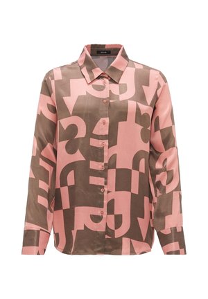 Button-up shirt met een mix van roze en bruine abstracte vormen. Gemaakt van soepel stof met een klassieke kraag en lange mouwen.