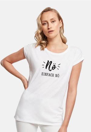 White cotton t-shirt with rolled sleeves, featuring black text saying “Nö Einfach Nö” in a playful font, against a smooth fabric texture.