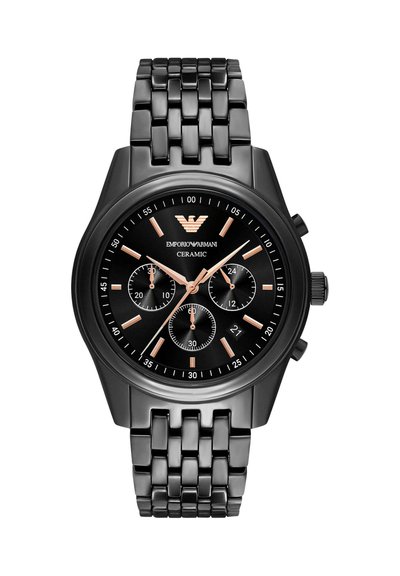 Schwarze Keramik-Emporio-Armani-Armbanduhr mit roségoldenen Zeigern, drei Hilfszifferblättern, Datumsfenster und Gliederarmband.
