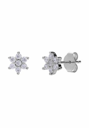 Silver stud earrings shaped like six-petal flowers, each petal set with a round clear gemstone, with butterfly back closures.