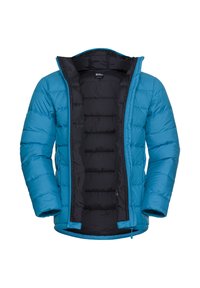 Blaue Puffy-Jacke mit gestepptem Design, schwarzem Innenfutter, durchgehendem Reißverschluss und verstellbarem Saum. Verfügt über seitliche Reißverschlusstaschen.