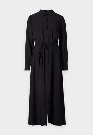 Melna garām piedurknēm, ar pogām, kleita ar apkakli, josta viduklī un taisnu siluetu. Izgatavota no gludas, teksturētas auduma.