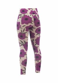Blumen-Leggings mit einem beigen Hintergrund, großen lila Blumen und grünen Blättern; dehnbarem Material und taillierter Passform.