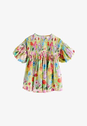 Květinová blůza s krátkým rukávem s nařaseným korzetem v pastelových barvách s různými vzory květin, lehký materiál a nabíraný střih.