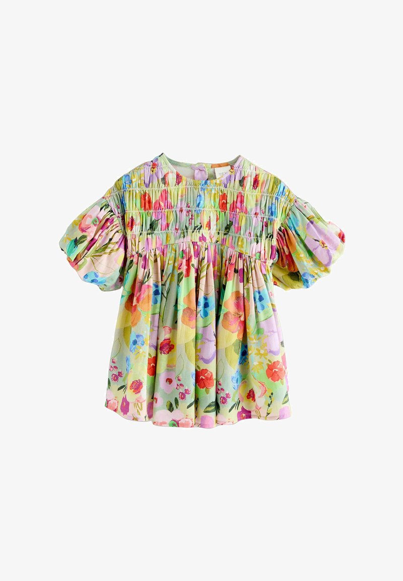 Cvjetna bluzica kratkih rukava s nabranim korzetom u pastelnim bojama s raznim uzorcima cvijeća, lagana tkanina i sakupljeni dizajn.
