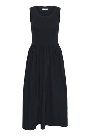 Sleeveless black midi dress with ribbed fitted bodice and gathered flowing skirt, round neckline, and a small white label inside the collar.
