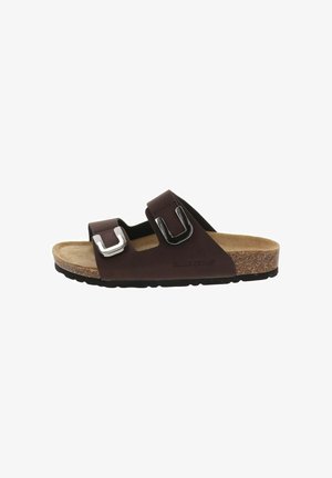 Sandalo marrone slip-on con due fibbie argentate regolabili, plantare in sughero e suola nera, progettato per un uso casual.