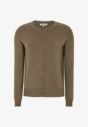 Gombos kardigán olívazöld színben. Puha anyagból készült, kerek nyakkivágással, bordás mandzsettákkal és szegélyekkel. Az elülső részen öt azonos színű gomb található.