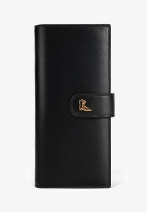 Schwarze Lederbrieftasche mit strukturierter Oberfläche, rechteckiger Form und einem goldfarbenen Stiefel-Detail auf dem Riemenverschluss.