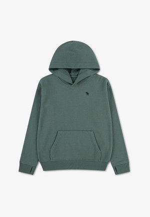 Felpa verde con cappuccio, tasca frontale, polsini a coste con fori per il pollice e piccolo logo nero di alce sul petto sinistro.