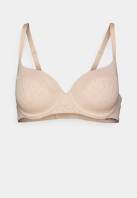 Padded BH in Nude-Farbe mit Spitze in der Vorderseite, verstellbaren Trägern und einem glatten Rückenband. Verfügt über Bügel für Unterstützung und ein dezentes Muster.