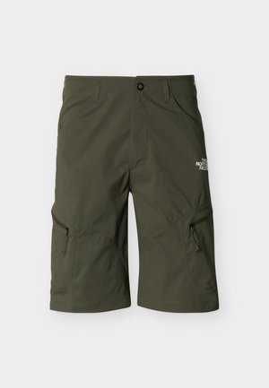 Olivengrønne knelange shorts med beltehemper, frontknapp, glidelåslommer på låret og The North Face-logo på høyre lår.