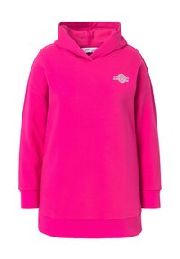 Felpa rosa con una grande tasca frontale, cappuccio con cordino e polsini a coste. Presenta un logo bianco sul lato sinistro del petto. Tessuto morbido e foderato in pile.
