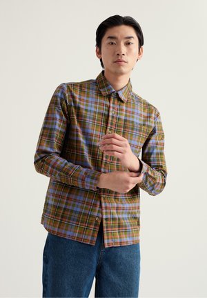 Mehrfarbiges kariertes Hemd mit grünen, blauen und orangen Tönen. Langärmlig, mit Kragen und durchgehendem Knopfverschluss. Baumwollstoff mit glatter Textur.