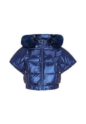 Tengerészkék pufi dzseki fényes felülettel, túlméretezett dizájnnal és műszőrme kapucnival. Elöl cipzárral és rugalmas derékrésszel rendelkezik.
