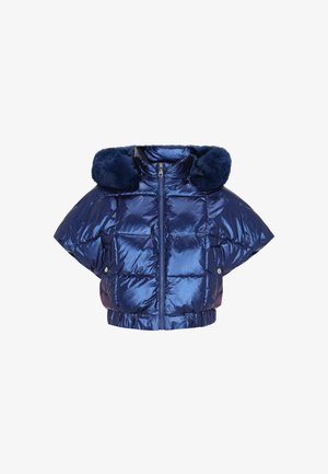 Tengerészkék pufi dzseki fényes felülettel, túlméretezett dizájnnal és műszőrme kapucnival. Elöl cipzárral és rugalmas derékrésszel rendelkezik.
