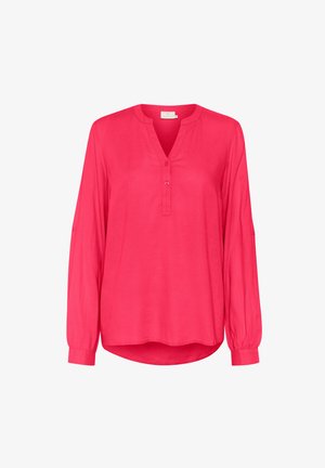 Rosa Bluse mit langen Ärmeln aus leichtem Stoff, mit V-Ausschnitt, Knopfdetail und elastischen Bündchen sowie abgerundetem Saum.