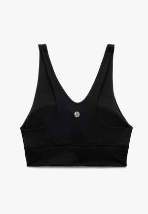 Sort sports-bh med V-halsdesign, brede stropper og et sølvlogo på fronten. Lavet af et glat, strækbart stof.