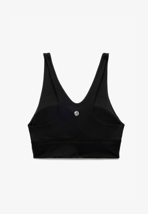 Sort sports-bh med V-halsdesign, brede stropper og et sølvlogo på fronten. Lavet af et glat, strækbart stof.