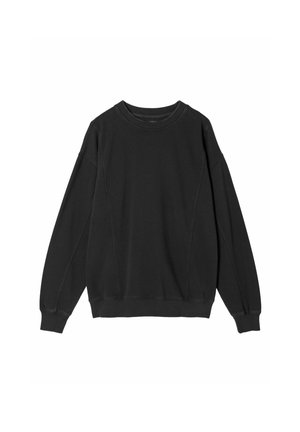 Schwarzes Basic-Sweatshirt mit Rundhalsausschnitt, langen Ärmeln und gerippten Bündchen und Saum, flach auf weißem Hintergrund präsentiert.