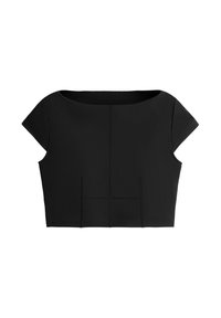 Sort kortærmet cropped top med bådudskæring og lodrette sømdetaljer foran.