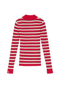 Top de manga larga de rayas rojas y crema, con textura acanalada, que presenta rayas negras, con una silueta ajustada y un acento de logotipo en el puño.