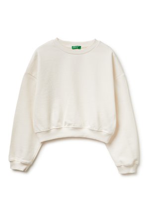 Kremowa krótka bluza z długimi rękawami, ściągaczami na mankietach i u dołu oraz okrągłym dekoltem z zieloną metką marki od wewnątrz.