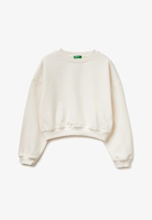 Felpa corta color crema con maniche lunghe, polsini e orlo a coste, e scollo rotondo con etichetta del marchio verde all'interno.